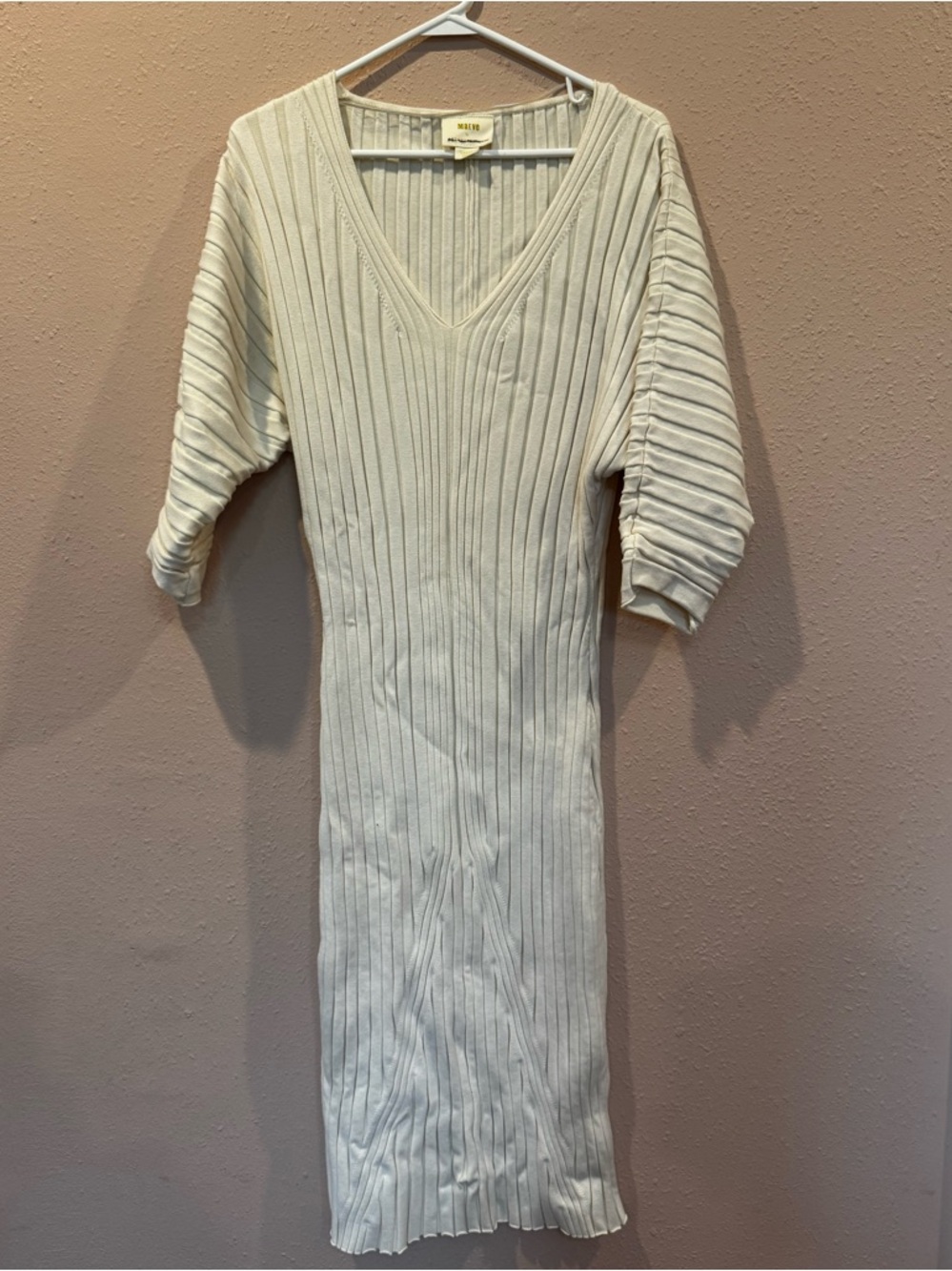 Maeve Ribbed V-Neck Sweater  Dress in Cream